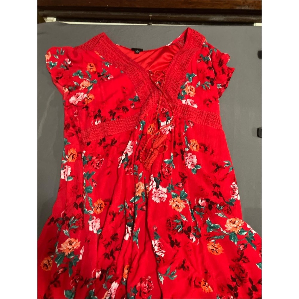 Torrid Women's 3X Red Floral Boho Flutter Sleeve Lace Up Eyelet Neck Dress Lined - Picture 5 of 9
